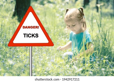 Warning Sign: Danger! Tick. Child Playing In The Tall Grass In The Background