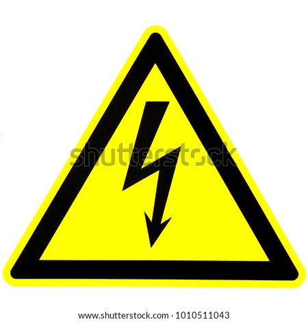 Warning sign for electric shock. Frame black in the form of a triangle. Inside the triangle is a black lightning. Yellow background. Caution, high voltage. Isolate.                            