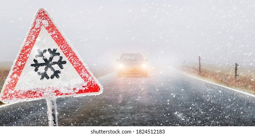 warning sign - first snow, road in the fog by car in the evening - Shutterstock ID 1824512183