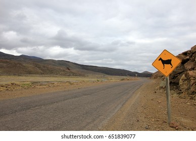 Warning sign for goats on road, Neuquen, Patagonia, Argentina