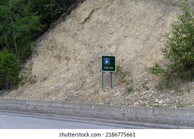 Warning Sign For No Gas For 133 Kilometers In The Canadian Rockies