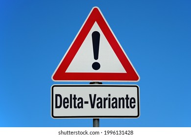                             Warning sign with sky and german word for covid-19 delta variant               