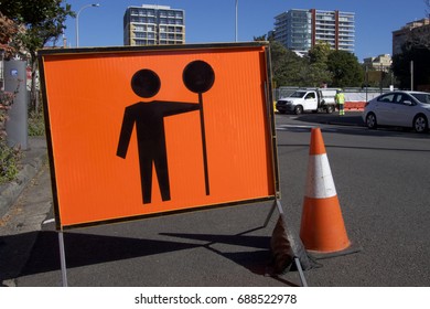 Warning Sign Traffic Control Ahead In Newcastle, NSW Australia..