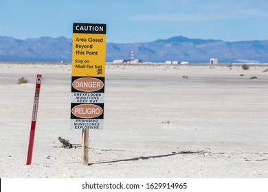 A Warning Sign In White Sands National Park Keeping Hikers Away From A Missile Test Range In New Mexico.