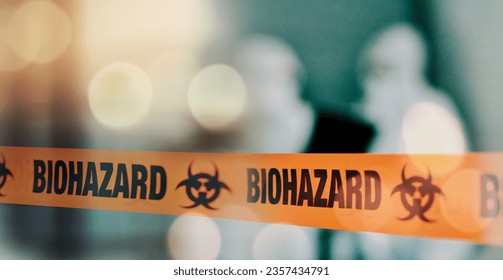 Warning, tape and danger, biohazard and health, infection and barrier with bokeh, blurred background and science. Caution, biology and threat with medical crisis, safety with protection and toxic