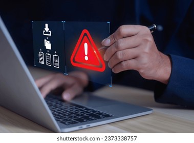 Warnings exclamation mark alerts in computer systems to be aware of the dangers and risks of cyberattacks on the Internet. Malicious software to secure online logins on websites