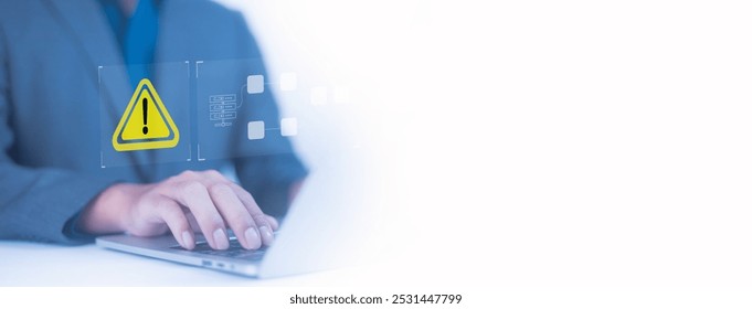 Warnings exclamation mark alerts in computer systems to be aware of the dangers and risks of cyberattacks on the Internet. Malicious software to secure online logins on websites