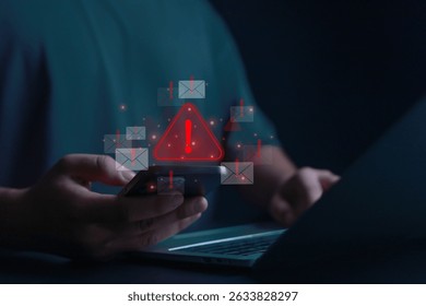 Warnings exclamation mark alerts in computer systems to be aware of the dangers and risks of cyberattacks on the Internet. Malicious software to secure online logins on websites.