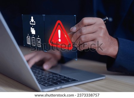 Warnings exclamation mark alerts in computer systems to be aware of the dangers and risks of cyberattacks on the Internet. Malicious software to secure online logins on websites