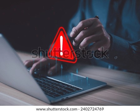 Warnings exclamation mark alerts in computer systems to be aware of the dangers and risks of cyberattacks on the Internet. Malicious software to secure online logins on websites