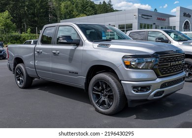 Warren, Pennsylvania, USA August 14, 2022 A New Silver Four Door Dodge Ram Truck For Sale At A Dealership On A Sunny Summer Day