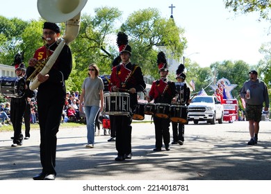 Warrens, Wisconsin USA - September 25th, 2022: Black River Falls High School Marching Band Marched In Cranfest Parade 2022.