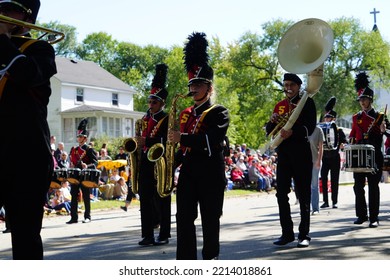 Warrens, Wisconsin USA - September 25th, 2022: Black River Falls High School Marching Band Marched In Cranfest Parade 2022.