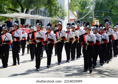 Warrens, Wisconsin USA - September 25th, 2022: Black River Falls High School Marching Band Marched In Cranfest Parade 2022.