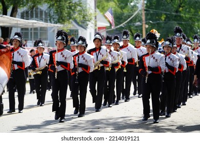 Warrens, Wisconsin USA - September 25th, 2022: Black River Falls High School Marching Band Marched In Cranfest Parade 2022.