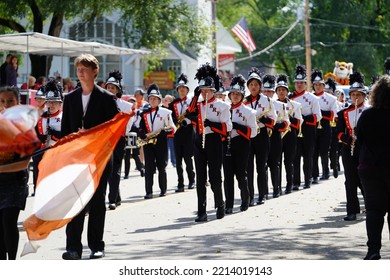 Warrens, Wisconsin USA - September 25th, 2022: Black River Falls High School Marching Band Marched In Cranfest Parade 2022.