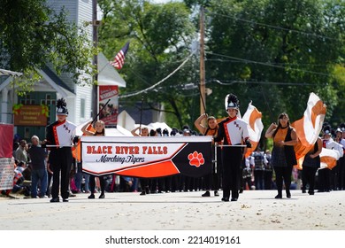 Warrens, Wisconsin USA - September 25th, 2022: Black River Falls High School Marching Band Marched In Cranfest Parade 2022.