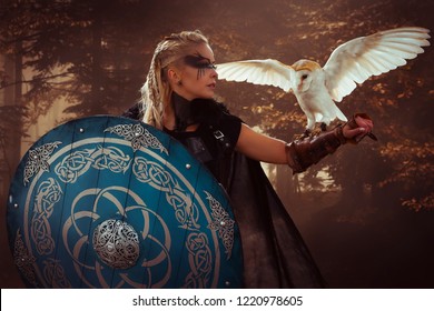 Warrior, Beautiful White Owl, Viking Blonde Woman With Shield And Sword, Braids In Her Hair.