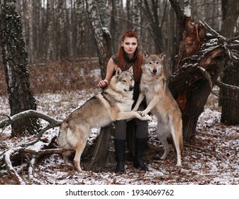 Warrior Girl With Wolf In Winter Forest