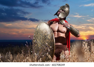 Warrior holding weapon near neck.