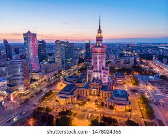 Warsaw City Center At Dusk Aerial View