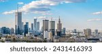 Warsaw city center, PKiN and skyscrapers under blue cloudy sky aerial landscape