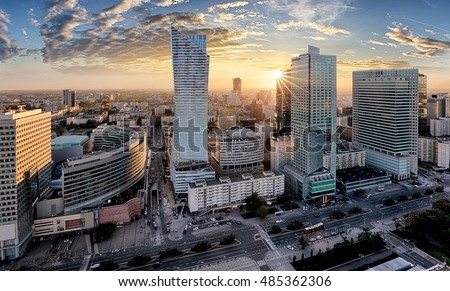 Warsaw city with modern skyscraper at sunset, Poland