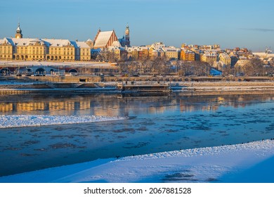 Warsaw City Skyline At Sunrise In Winter, River View Of The Capital City Of Poland.