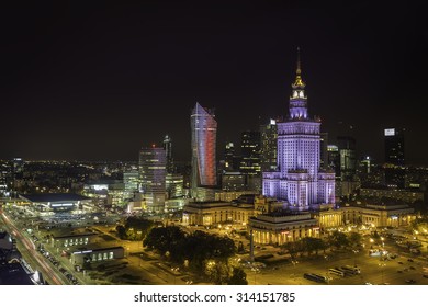 Warsaw Downtown At Night Aerial View, Poland. Most Recent View.