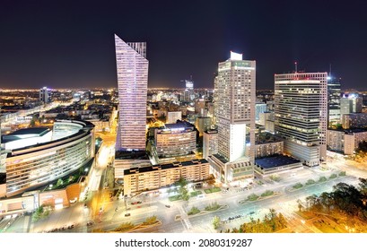 Warsaw Downtown Sunrise Aerial View, Poland. 