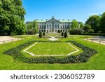 Warsaw, Krasinski Palace with green grass in Warsaw park