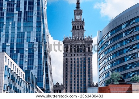 Warsaw, Mazovia, Poland, Europe - 08.2023 : buildings from left - 4 star Mercure Hotel, Zlota 44 residential skyscraper, Palace of Culture and Science (1955) gift from USSR, Golden Terraces complex [[stock_photo]] © 