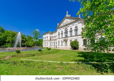 WARSAW, MAZOVIA PROVINCE / POLAND - MAY 5, 2018: Krasinski Palace (or Palace of the Commonwealth), baroque palace and garden built in 17th century. Nowadays National Library special collections seat.