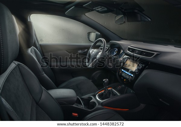 Warsaw, Poland, 09-03-2017. Nissan\
Qashqai in white pearl paint. Interior and dashboard\
design