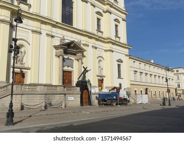 Warsaw, Poland - 09.11.2019: Church Catholic of the Holy Cross on whose facade repairs are being carried out