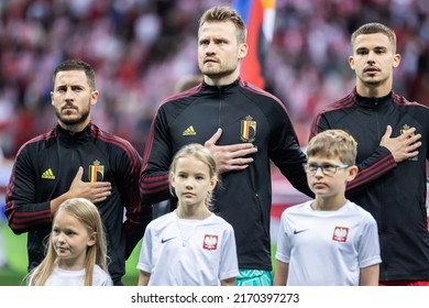 WARSAW, POLAND - 14 JUNE, 2022: UEFA Nations League, Poland VS Belgium 0:1, O.p: Eden Hazard, Simon Mignolet, Leander Dendoncker Of Belgium