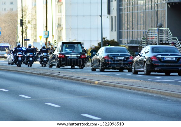 Warsaw, Poland.\
16 February 2019. The police escorts the funeral procession of\
former prime minister Jan\
Olszewski.