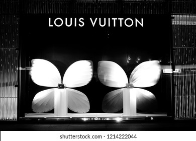 Warsaw, Poland. 16 September 2018. Sign Louis Vuitton. Company signboard Louis Vuitton. Black and white