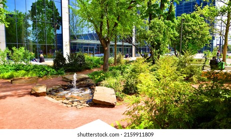 Warsaw, Poland. 17 May 2022. Lush Urban Greenery Next To The Generation Park Office Complex.