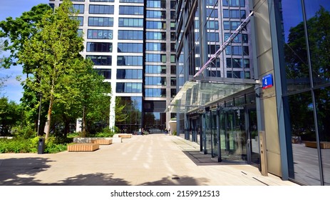 Warsaw, Poland. 17 May 2022. Lush Urban Greenery Next To The Generation Park Office Complex.