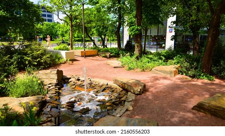 Warsaw, Poland. 17 May 2022. Lush Urban Greenery Next To The Generation Park Office Complex.