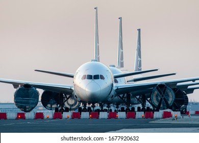 Warsaw, Poland -17/03/2020: Airlines Coronavirus, LOT Polish Airlines Boeing 787's  Grounded At Warsaw Chopin Airport Due To The Global Pandemic