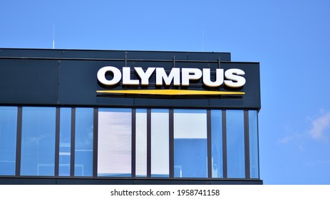 Warsaw, Poland. 19 April 2021. Sign Olympus. Company signboard Olympus.