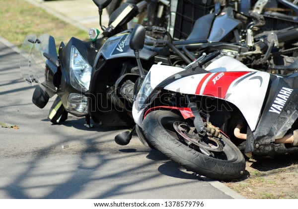 Warsaw, Poland. 23 April 2019.\
Motorcycle accident on the road. Detail of a motorcycle\
accident