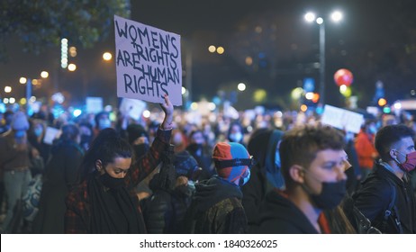 Warsaw, Poland 23.10.2020 - Protest Against Poland's Abortion Laws. Crowd Of People Fighting For Women's Rights. High Quality Photo