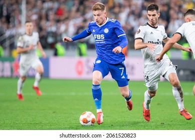 WARSAW, POLAND - 30 SEPTEMBER, 2021: UEFA Europa League Group Stage Match, Legia Warszawa Vs Leicester City FC 1:0 O.p: Harvey Barnes Of Leicester City FC And Ihor Kharatin Of Legia