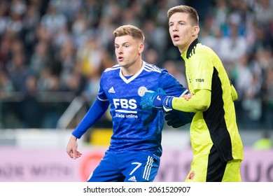 WARSAW, POLAND - 30 SEPTEMBER, 2021: UEFA Europa League Group Stage Match, Legia Warszawa Vs Leicester City FC 1:0 O.p: Harvey Barnes Of Leicester City FC And Cezary Miszta Of Legia