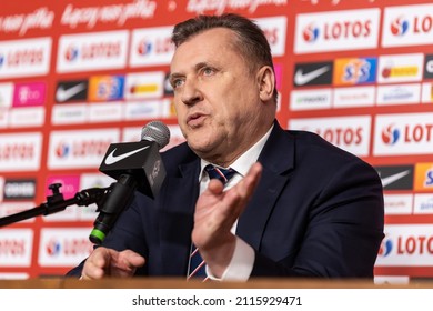 WARSAW, POLAND - 31 JANUARY, 2022:  Presentation of the Polish national football team new coach, o.p: Cezary Kulesza (president of Polish Football Association)