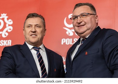 WARSAW, POLAND - 31 JANUARY, 2022:  Presentation of the Polish national football team new coach, o.p: Cezary Kulesza (president of Polish Football Association) and Czeslaw Michniewicz (coach)
