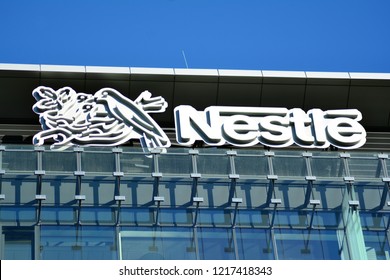 Warsaw, Poland. 31 Pctober 2018. Sign Nestle. Company Signboard Nestle.